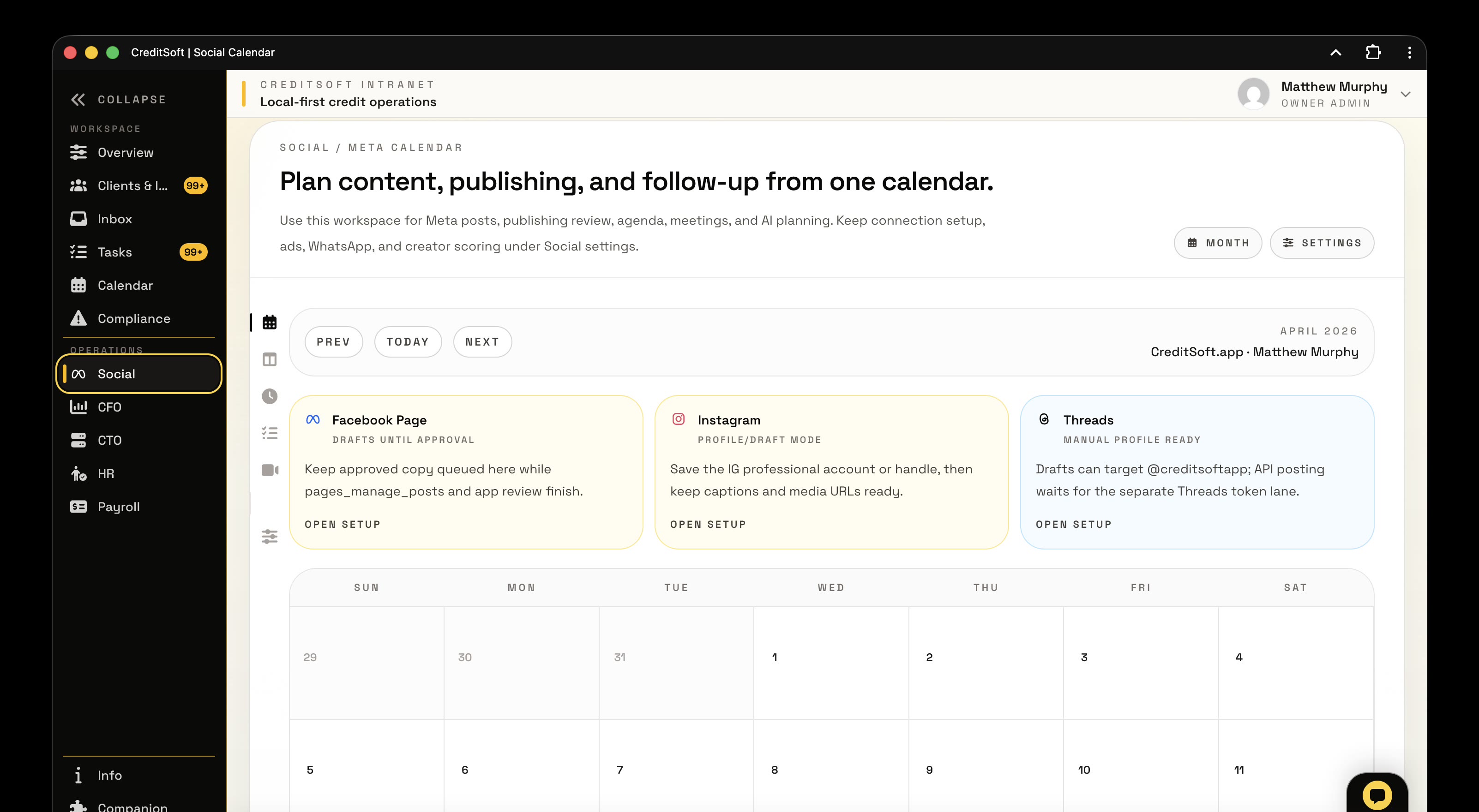 CreditSoft social calendar overview showing connected social planning inside the office app.